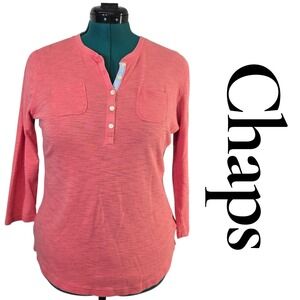 Chaps Coral Heathered Henley Shirt 3/4‎ Sleeve Pockets Size L